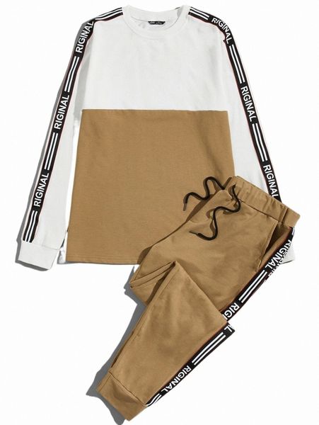 

men letter tape side colorblock pullover & joggers set g9ce#, Gray