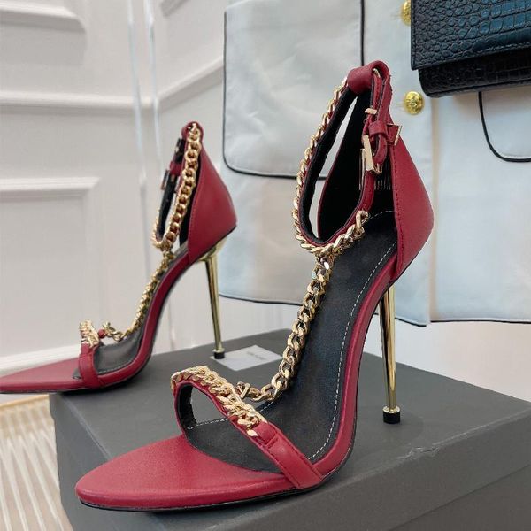 

famous brand designer shoes leater padlock pointy naked sanda women special big metal chains ankle strap square toes stylish party ladies st, Black