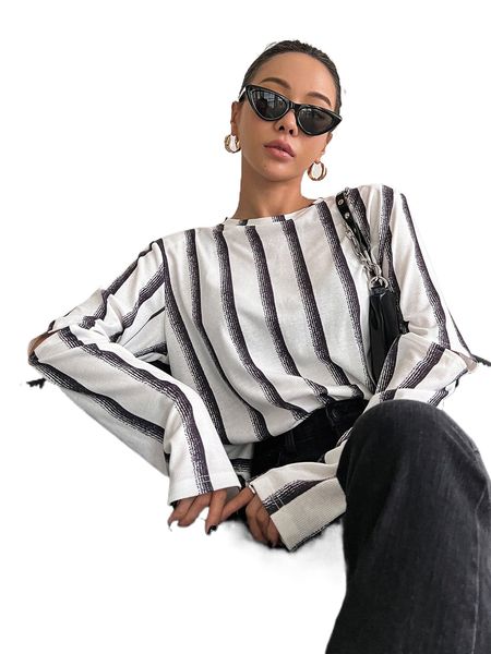 

dazy striped print cut out sleeve tee t3vg#, White