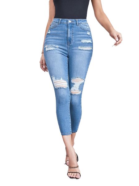 

high waist ripped skinny jeans 42qj#, Blue