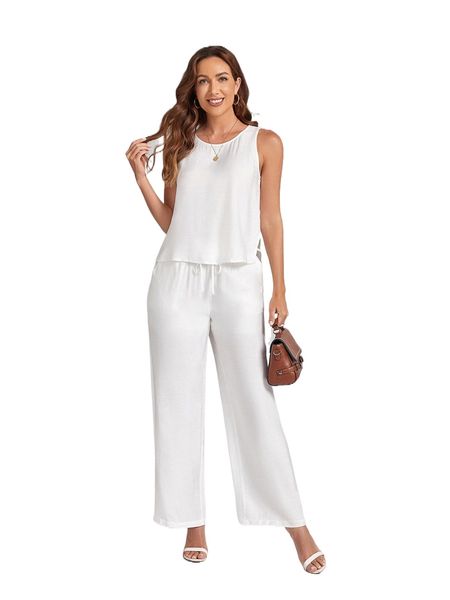 

emery rose cut out side tank & drawstring waist wide leg pants y2dj#, White