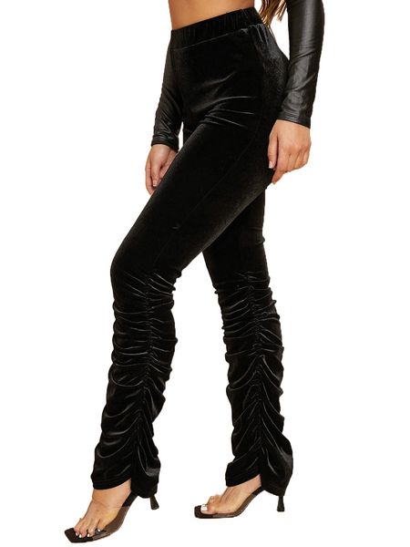 

sxy elastic waist ruched velvet pants u20p#, Black;white