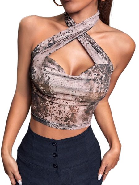 

allover print backless crop halter w1en#, White