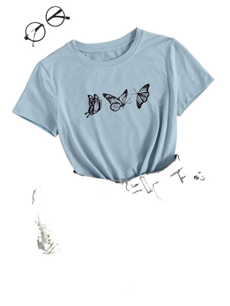 

butterfly print round neck tee without denim shorts 670u#, White