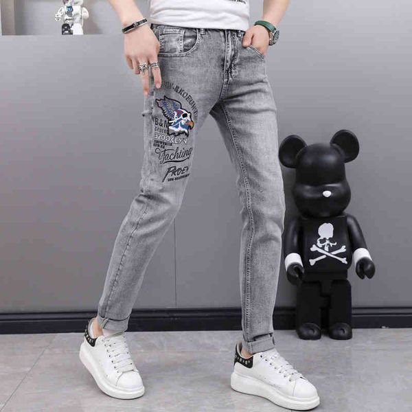 

spring summer new eagle head badge embroidered jeans men's 2022 spring grey small leg pants, Blue
