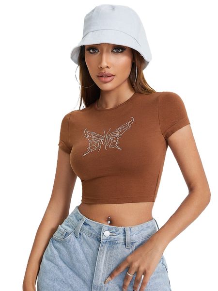 

petite butterfly rhinestone slim crop tee z0au#, White