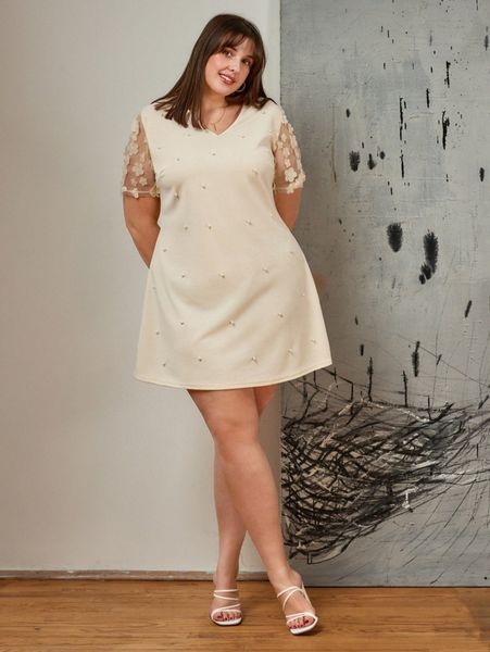 

plus contrast appliques mesh sleeve pearls tunic dress p7h7#, Black