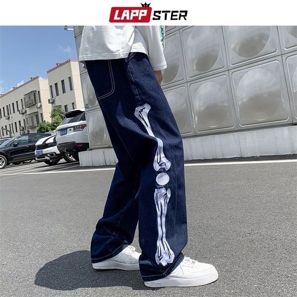 

lappster men skeleton baggy casual pants mens japanese streetwear wide leg denim trousers male y2k blue vintage 220328