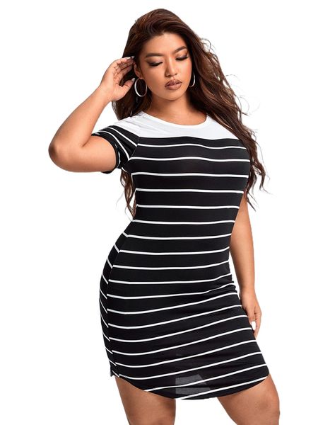 

plus striped curved hem dress w1hr#, Black