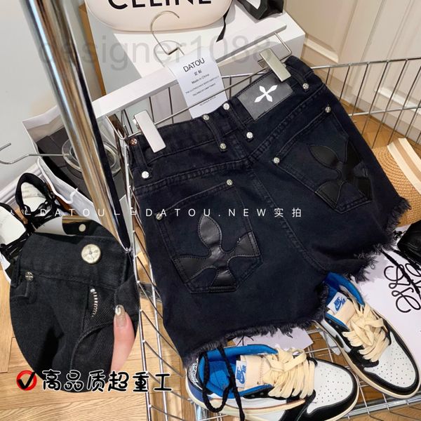 

women's jeans designer europe station cross side slit bandage tether high waist wide leg woolen leather patchwork denim shorts small 95, Blue