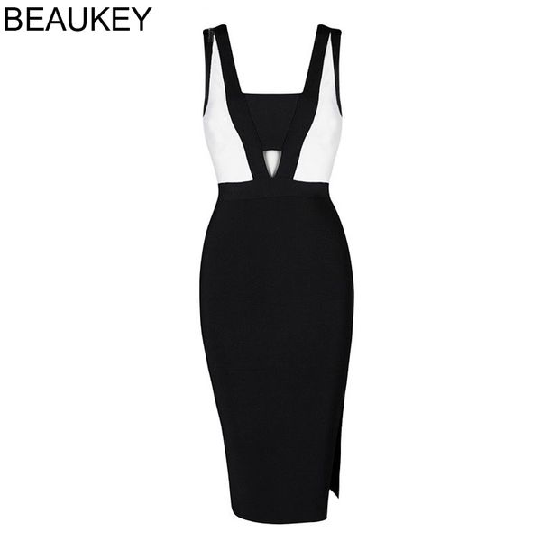 

beaukey black and white knee length deep v neck rayon knitted elastic fashion bodycon bandage dress elegant party 210414, Black;gray
