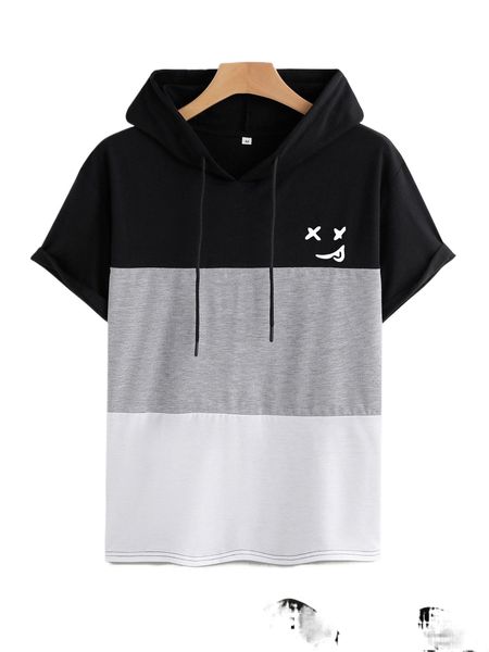 

men color block cartoon graphic drawstring hooded tee o7t9#, White;black