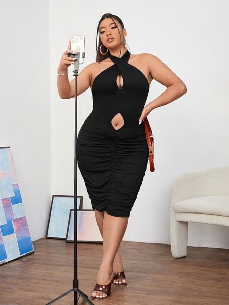 

plus cut out backless ruched halter bodycon dress c1mz#, Black