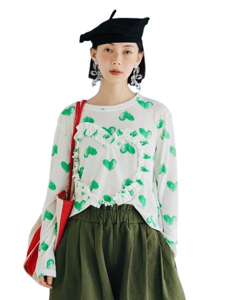 

heart print ruffle trim tee l6qc#, White