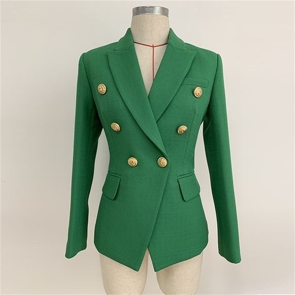 

high street stylish designer blazer women's double breasted lion buttons slim fitting blazer jacket olive green 201106, White;black