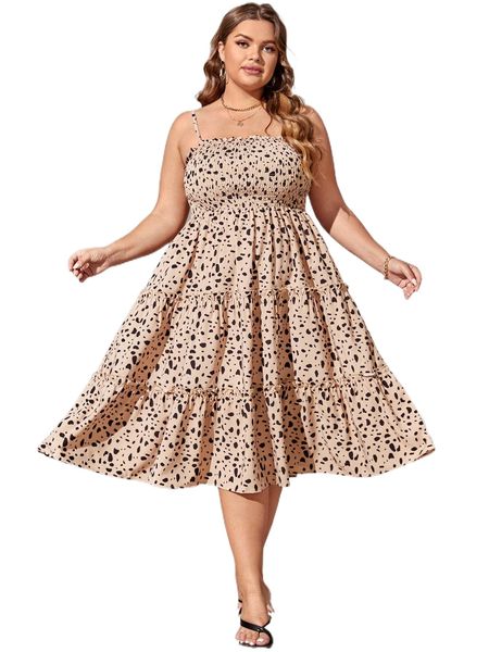 

plus dalmatian print shirred ruffle hem cami dress m0cc#, Black