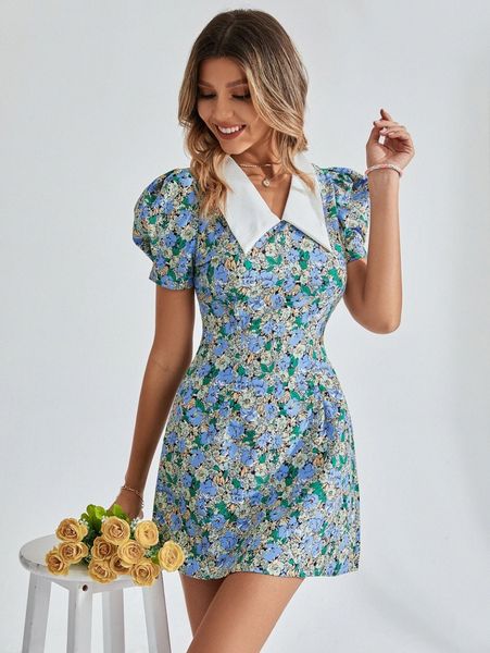 

floral print peter pan collar fitted dress 34kw#, Black;gray