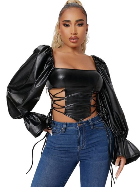 

bell sleeve lace up side pu leather g9c1#, White