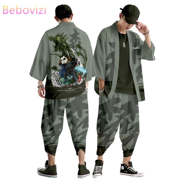 

plus size s-6xl camouflage japanese kimono suit women men cosplay yukata clothing harajuku samurai cardigan + pants sets, Red