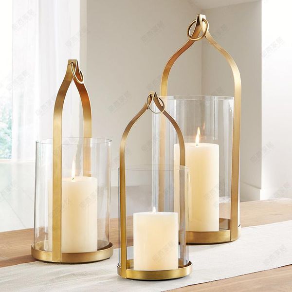 Mum Tutucular Nordic Gold Metal Cam Candlestick Mum ışığında akşam yemeği rüzgar lambası lüks düğün centerpieces sahne mumluk hediye sandviç