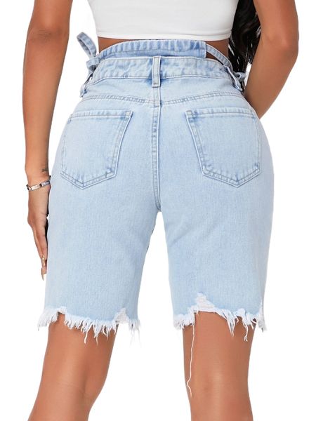 

sxy cut out tie side light wash raw hem denim shorts r9ob#, White;black