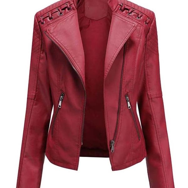 

autumn winter pu faux jacket long sleeve zipper slim motor biker leather coat female outwear 220725, Black