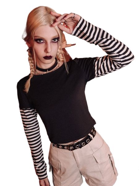 

romwe dark academia 2 in 1 striped crop tee t4tb#, White
