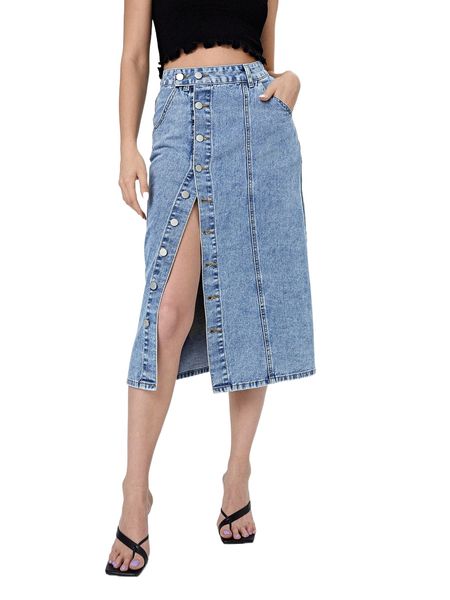 

button front slant pocket denim skirt y2q8#, Black