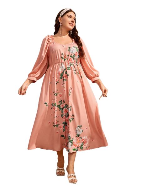

plus floral print lantern sleeve ruffle trim dress z8wm#, Black
