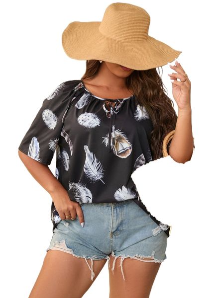 

plus feather print knot front raglan sleeve blouse a6ea#, Black