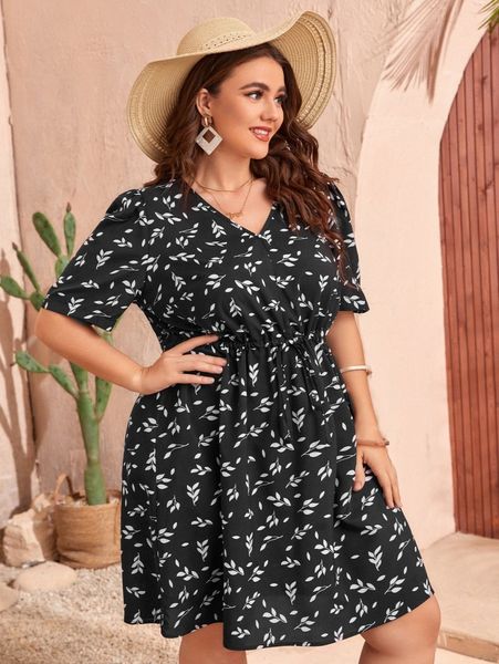 

plus plant print drawstring waist puff sleeve dress k23x#, Black