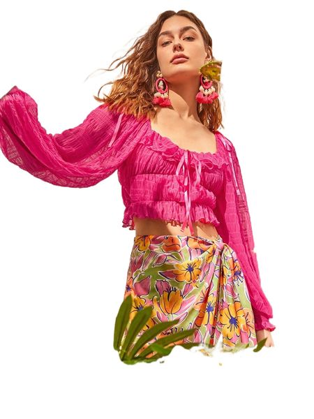 

ruffle trim knot front shirred lantern sleeve textured crop blouse g4vk#, White