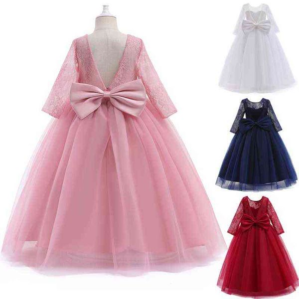 

flower girls wedding dress for kids bow backless birthday princess party prom gown children lace long dress for 12 to 14 years g220428, Red;yellow