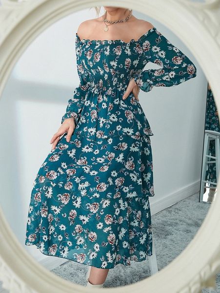 

floral print off shoulder flounce sleeve shirred layer hem dress j03v#, Black;gray