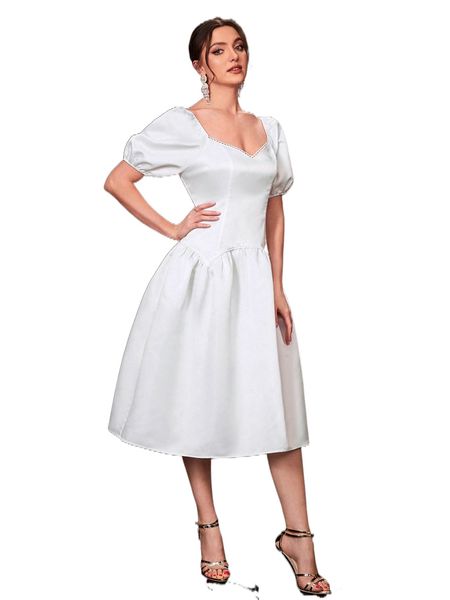 

sweetheart neck puff sleeve dress g376#, Black;gray