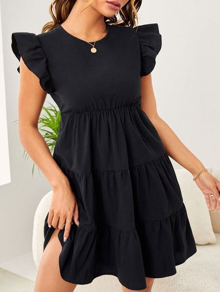 

flutter sleeve keyhole back ruffle hem dress 37pp#, Black;gray