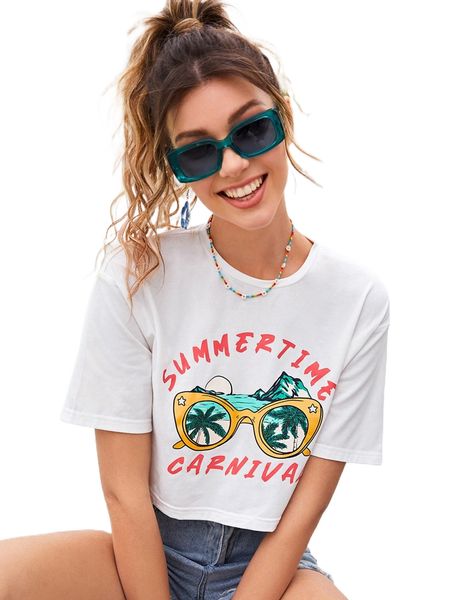 

letter & tropical print drop shoulder crop tee l2go#, White