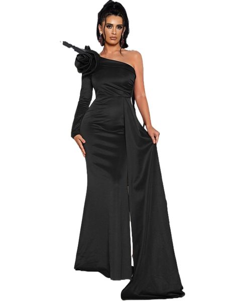

missord stereo flower one shoulder draped maxi formal dress t9m8#, Black;gray