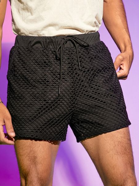 

men contrast fishnet drawstring waist shorts o22m#, White;black