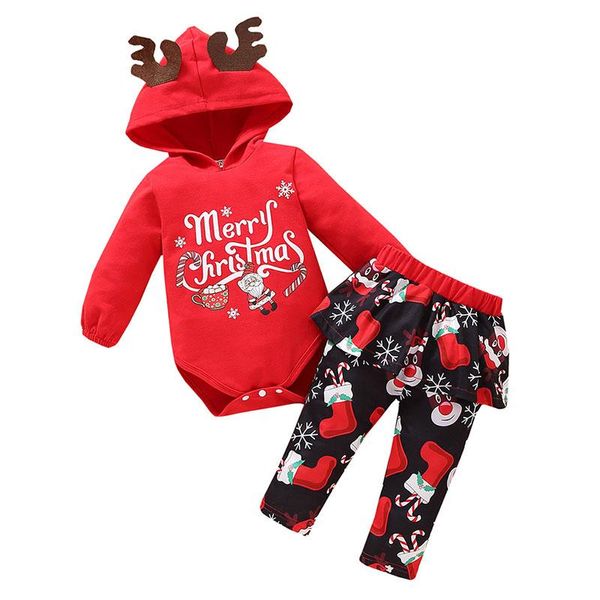 Set di abbigliamento Baby Merry Christmas Clothes Set Girl Winter Red Deer Ear Babbo Natale regalo Costume cosplay Felpa con cappuccio + Culottes Abiti per