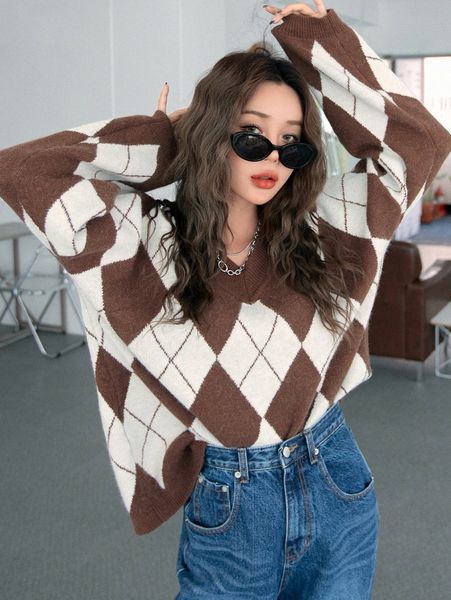 

dazy argyle pattern drop shoulder sweater 06bk#, White;black
