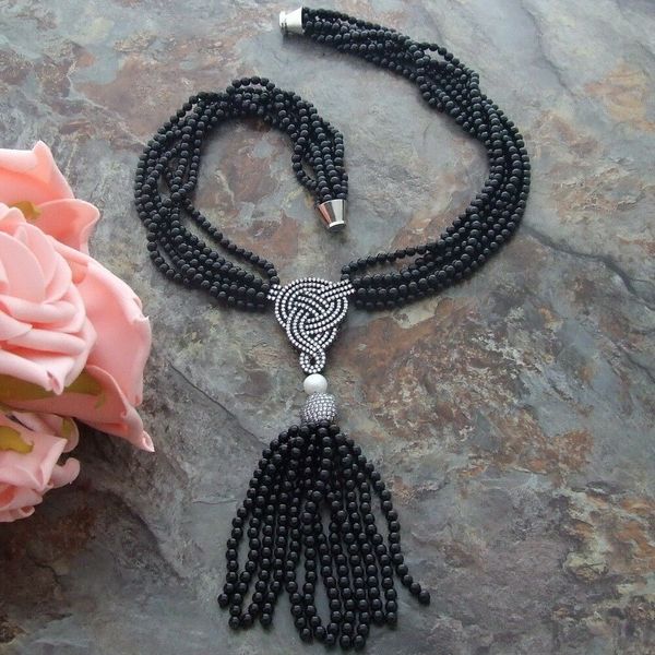 

20&quot 6 strands white freshwater pearl round onyx necklace zircon pendant, Silver