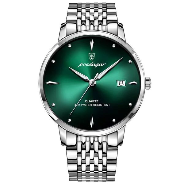 

2022 new poedagar waterproof luminous men's watch calendar ultra thin quartz gift, Slivery;brown