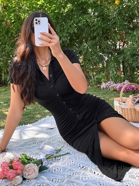 

ruched button through bodycon dress 41tf#, Black;gray