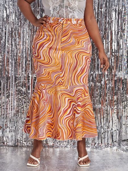

plus all over print ruffle denim skirt d50i#, Black