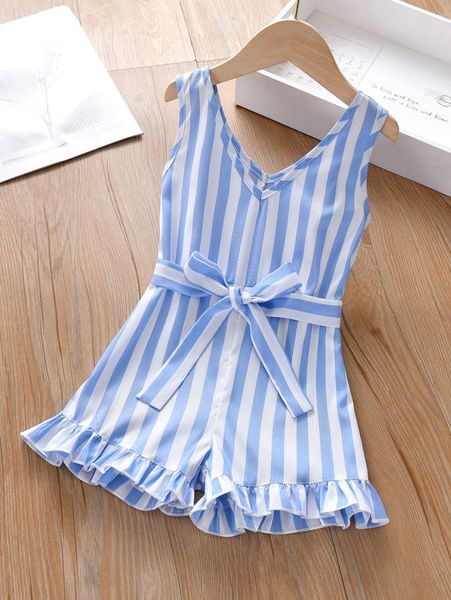 

toddler girls striped ruffle hem belted romper she, Blue