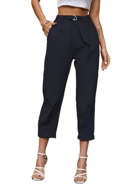 

high waist slant pockets belted pants x1gn#, Black;white
