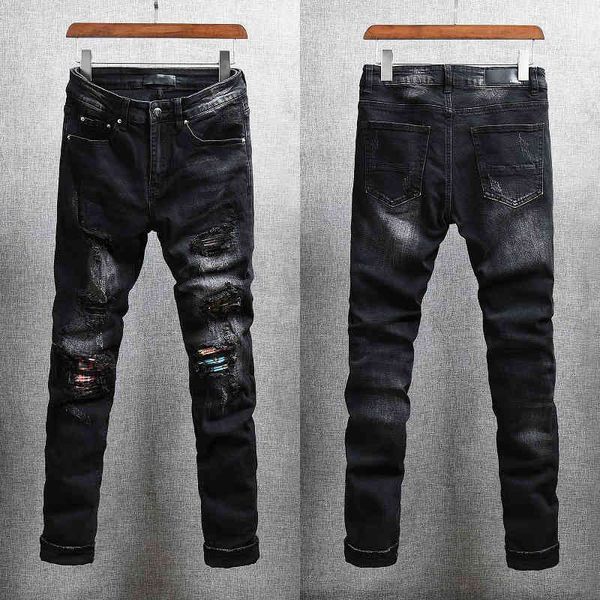 

men's jeans 638 high street style black gray hole patch jeans young men's elastic slim pants c3et, Blue
