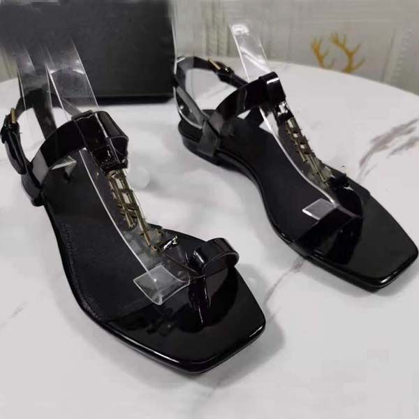 

luxury women sandal designer sandals metal y flat heel genuine leather shoes 35-43 with box, Black