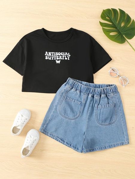 

girls butterfly & letter graphic crop tee & denim shorts she, White
